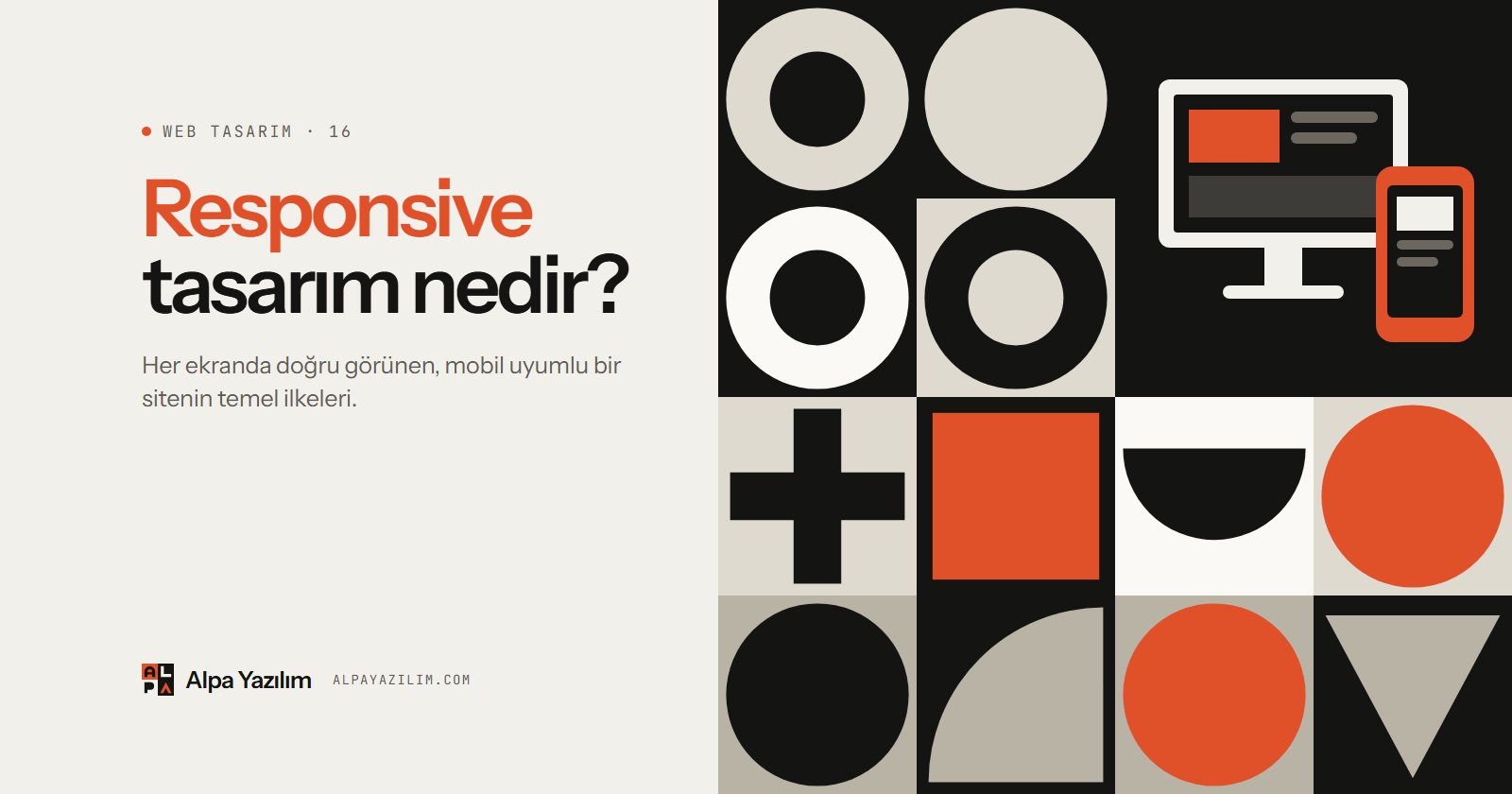 Responsive tasarım yazısı için bilgisayar ve telefon simgeli geometrik kapak görseli