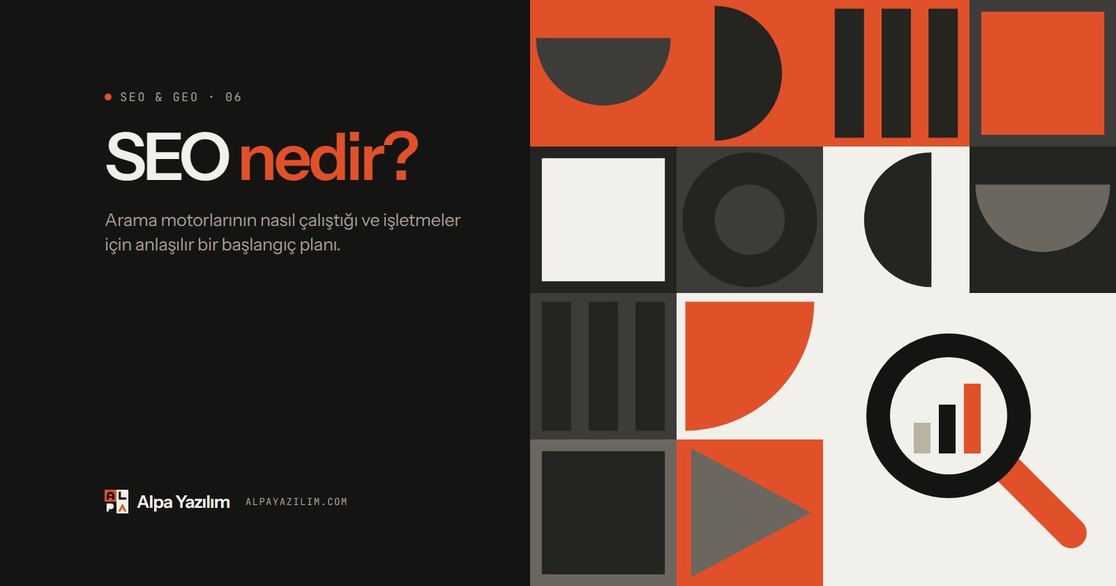 SEO nedir yazısı için büyüteç simgeli geometrik kapak görseli